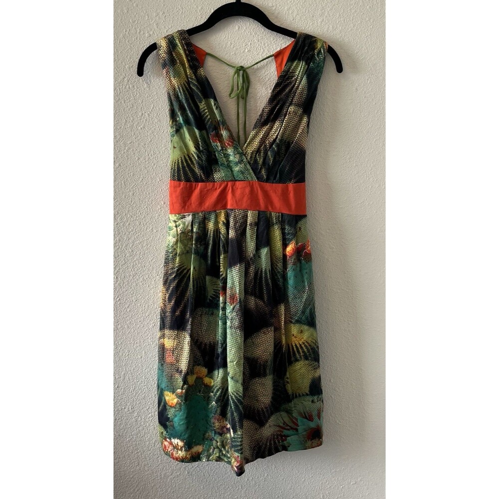 Eva Franco Anthropologie Dress Size 4 Succulents Green Orange Tie Back Western